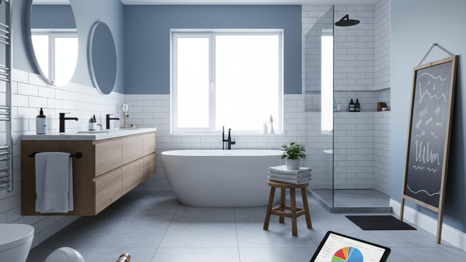 Modern bathroom remodel with white tile and brass fixtures