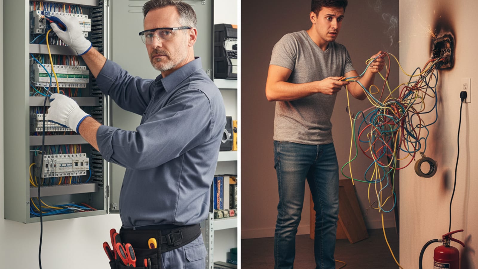 Electrician working on home electrical panel
