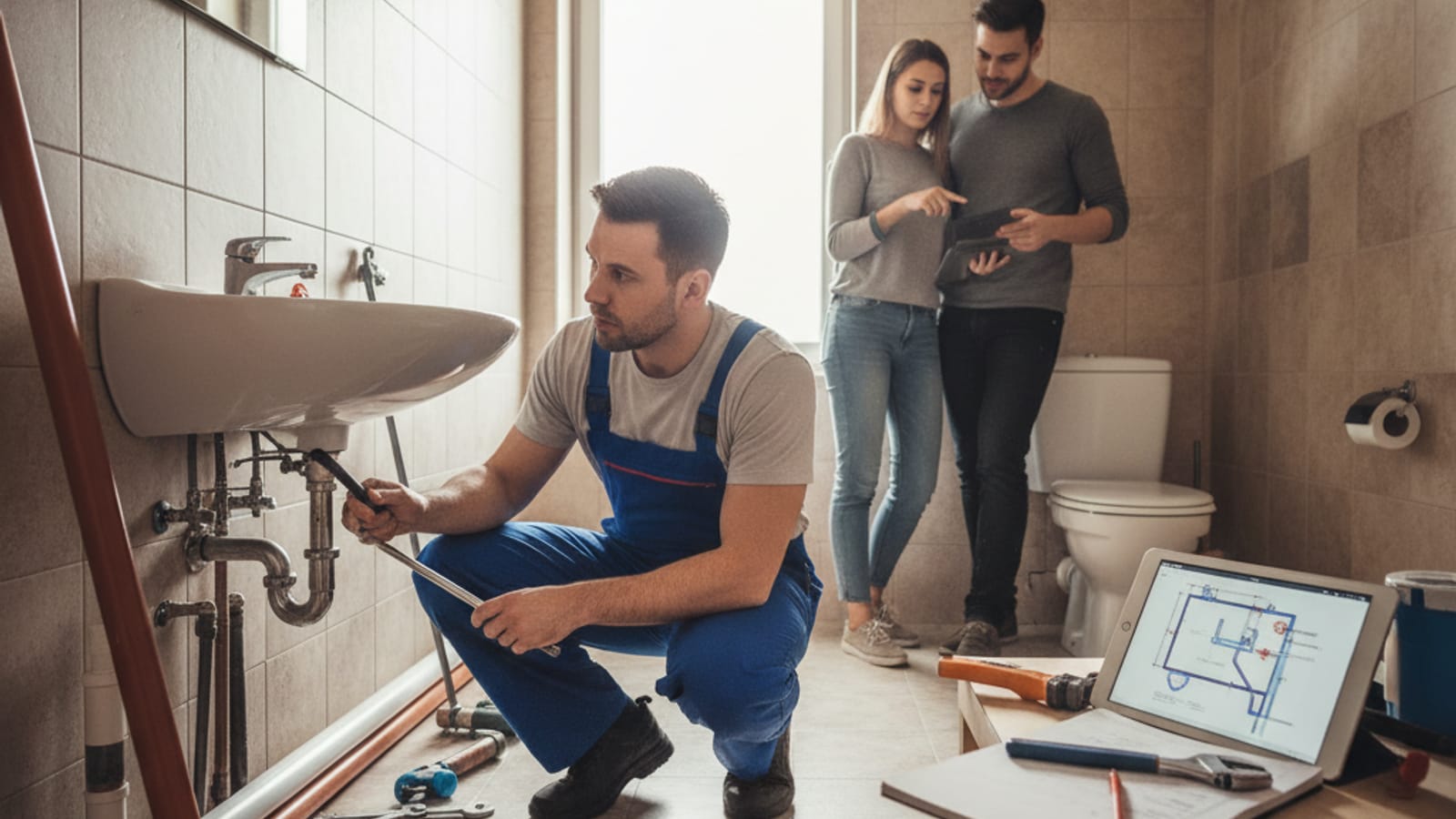 Plumber working under kitchen sink